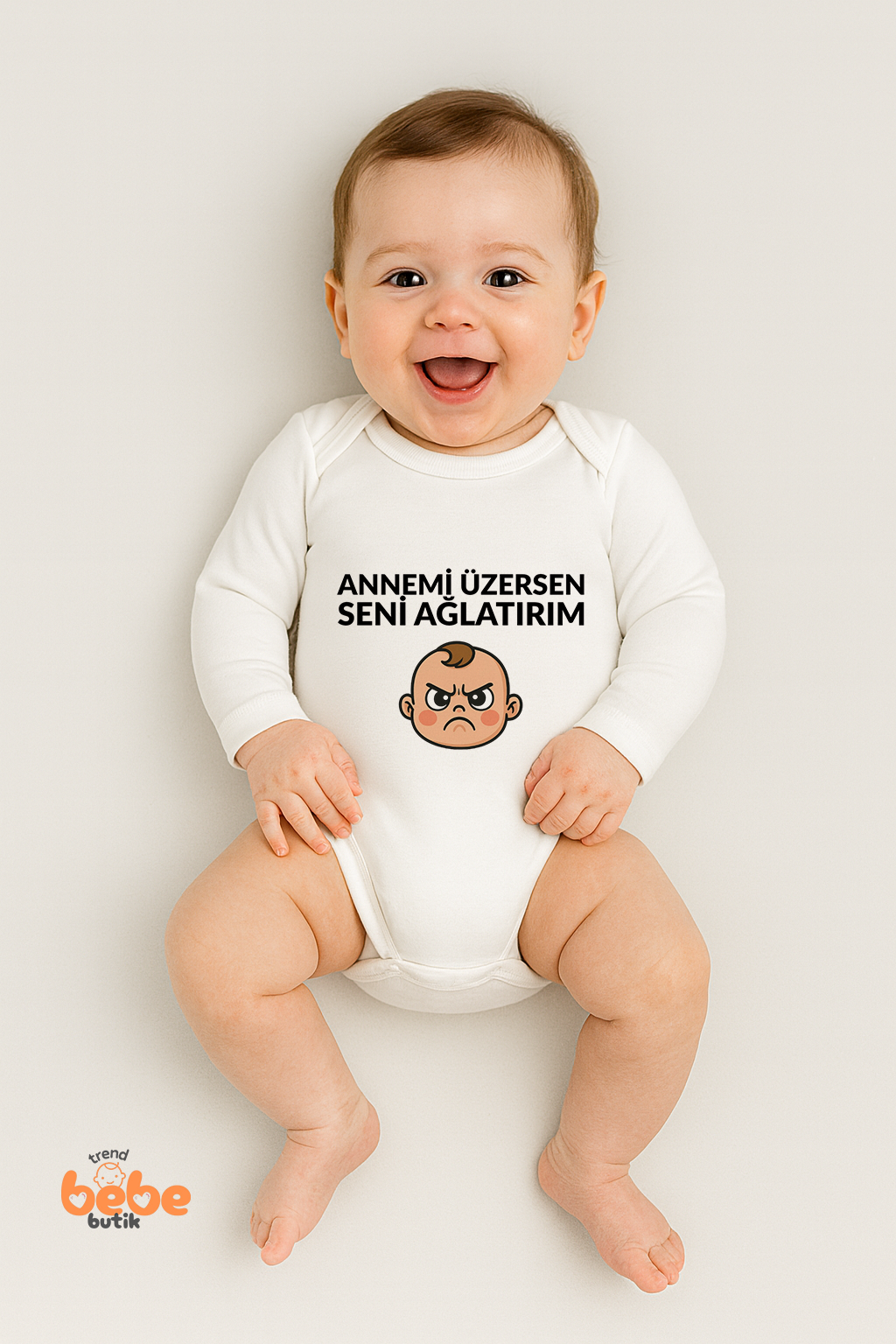“Annemi Üzersen Seni Ağlatırım” Baskılı %100 Pamuk Uzun Kollu Zıbın | 06-18 Ay Çıtçıtlı Body 18 AY