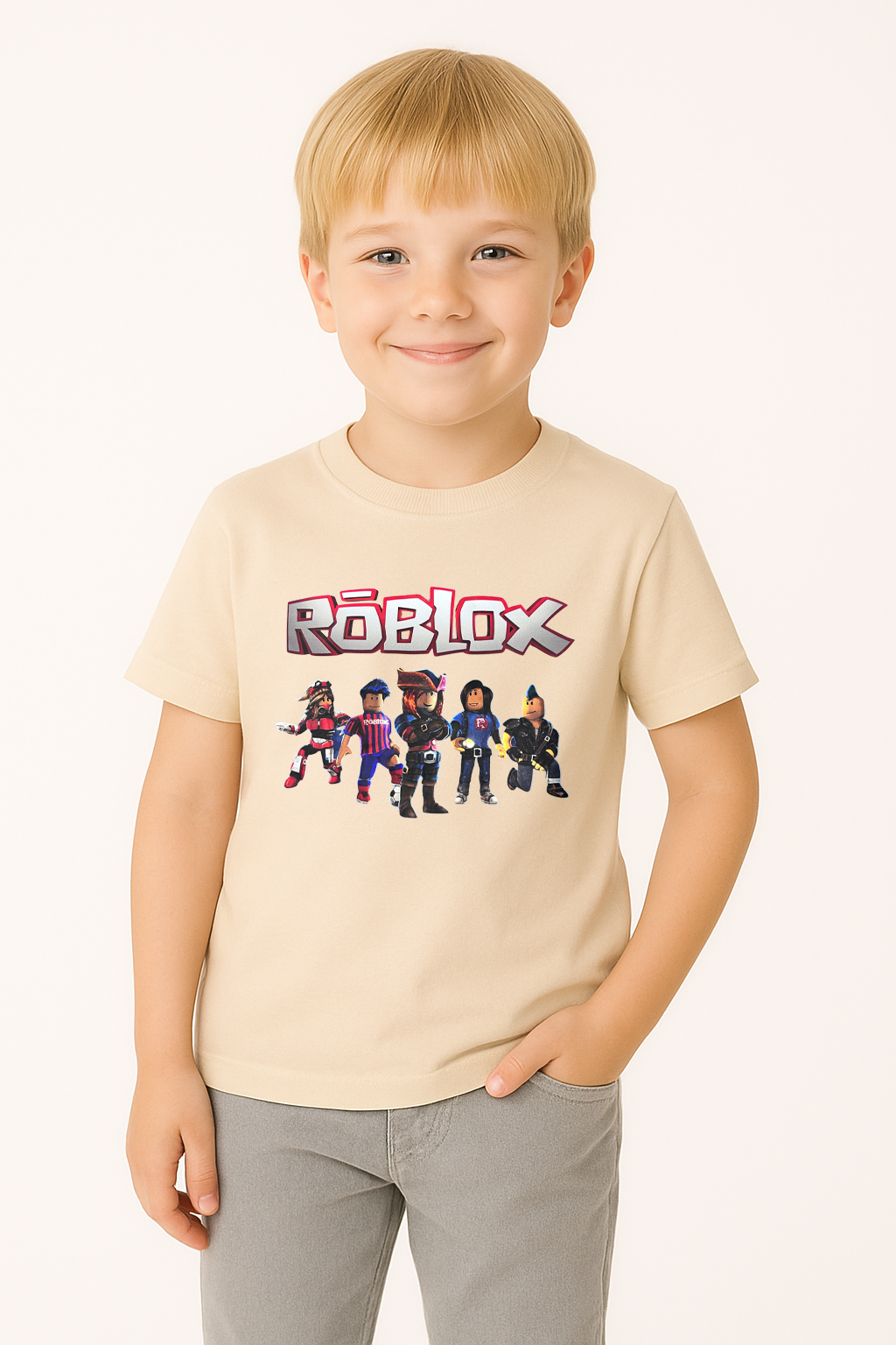 Roblox Baskılı Kısa Kollu Pamuklu Erkek Çocuk Tişörtü | Renkli Oyun Karakterli Yazlık Tshirt BEJ - 9-10 Yaş