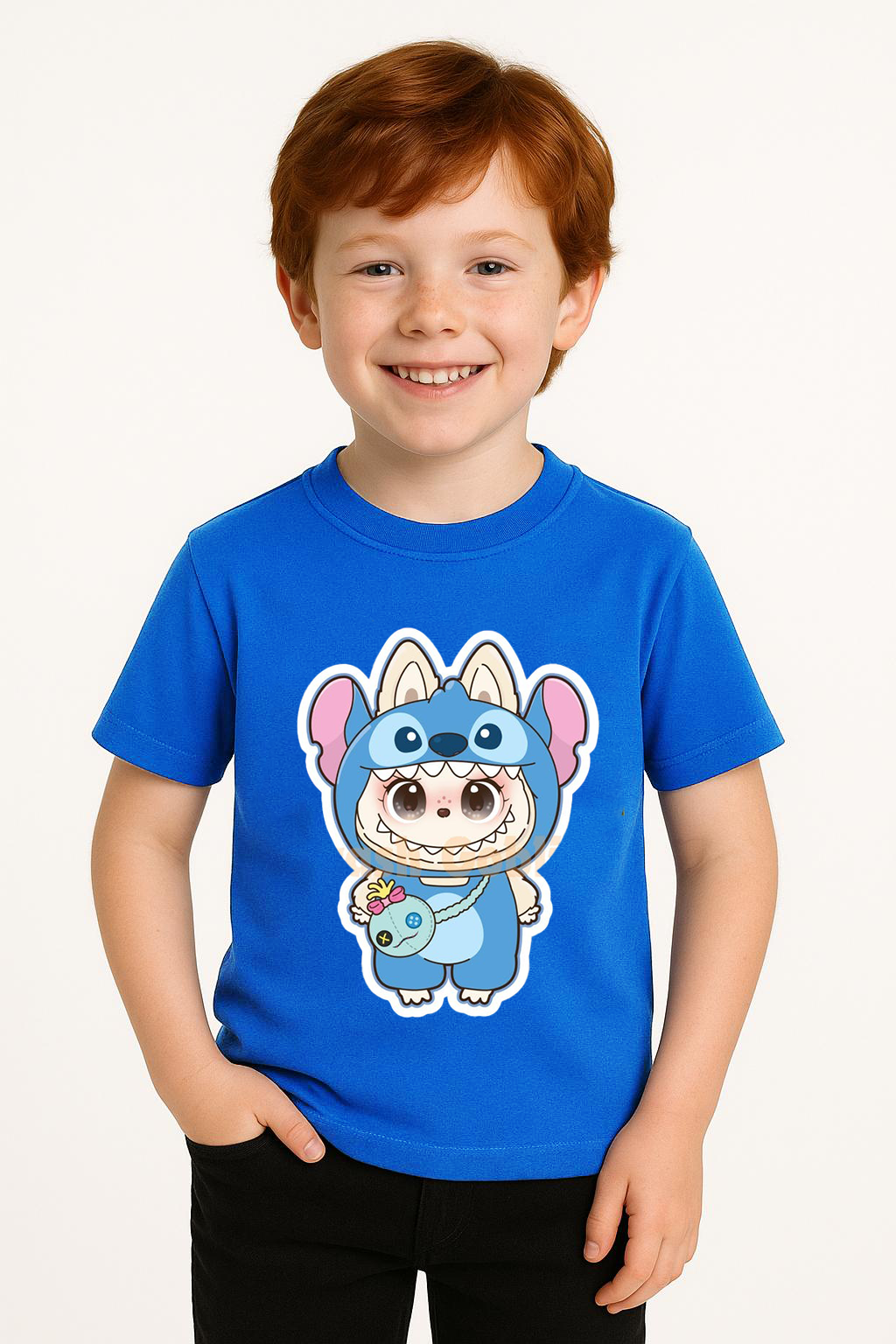 Labubu Baskılı Erkek Çocuk Tişörtü  Kısa Kollu T-Shirt Eğlenceli Karakterli Yazlık Üst Pamuklu Tişört Mavi