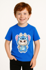 Labubu Baskılı Erkek Çocuk Tişörtü  Kısa Kollu T-Shirt Eğlenceli Karakterli Yazlık Üst Pamuklu Tişört Mavi