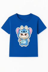 Labubu Baskılı Erkek Çocuk Tişörtü  Kısa Kollu T-Shirt Eğlenceli Karakterli Yazlık Üst Pamuklu Tişört Mavi