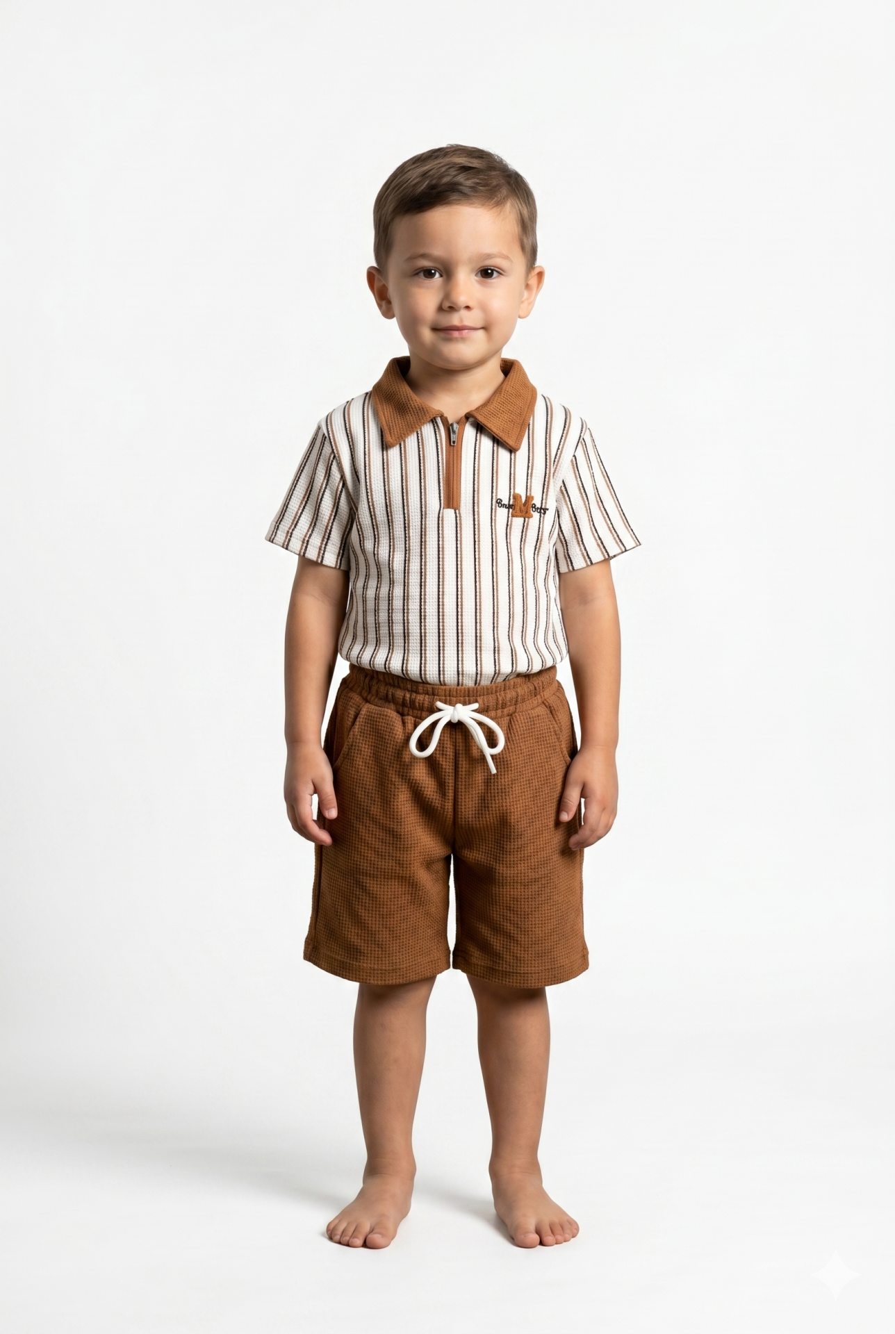 Erkek Çocuk Fermuar Detaylı Çizgili Polo Yaka Şortlu Takım KAHVERENGİ 3-4 Yaş