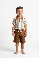 Erkek Çocuk Fermuar Detaylı Çizgili Polo Yaka Şortlu Takım KAHVERENGİ 3-4 Yaş