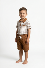 Erkek Çocuk Fermuar Detaylı Çizgili Polo Yaka Şortlu Takım KAHVERENGİ 3-4 Yaş