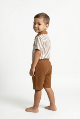 Erkek Çocuk Fermuar Detaylı Çizgili Polo Yaka Şortlu Takım KAHVERENGİ 3-4 Yaş