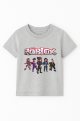 Roblox Baskılı Kısa Kollu Pamuklu Erkek Çocuk Tişörtü | Renkli Oyun Karakterli Yazlık Tshirt GRİ - 5-6 Yaş