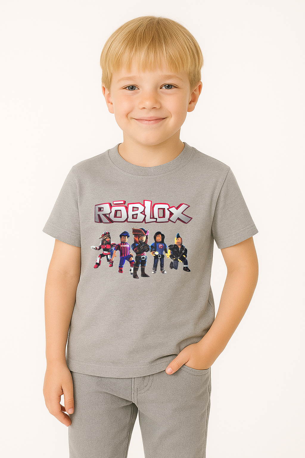 Roblox Baskılı Kısa Kollu Pamuklu Erkek Çocuk Tişörtü | Renkli Oyun Karakterli Yazlık Tshirt GRİ - 5-6 Yaş