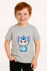 Labubu Baskılı Erkek Çocuk Tişörtü  Kısa Kollu T-Shirt Eğlenceli Karakterli Yazlık Üst Pamuklu Tişört Gri