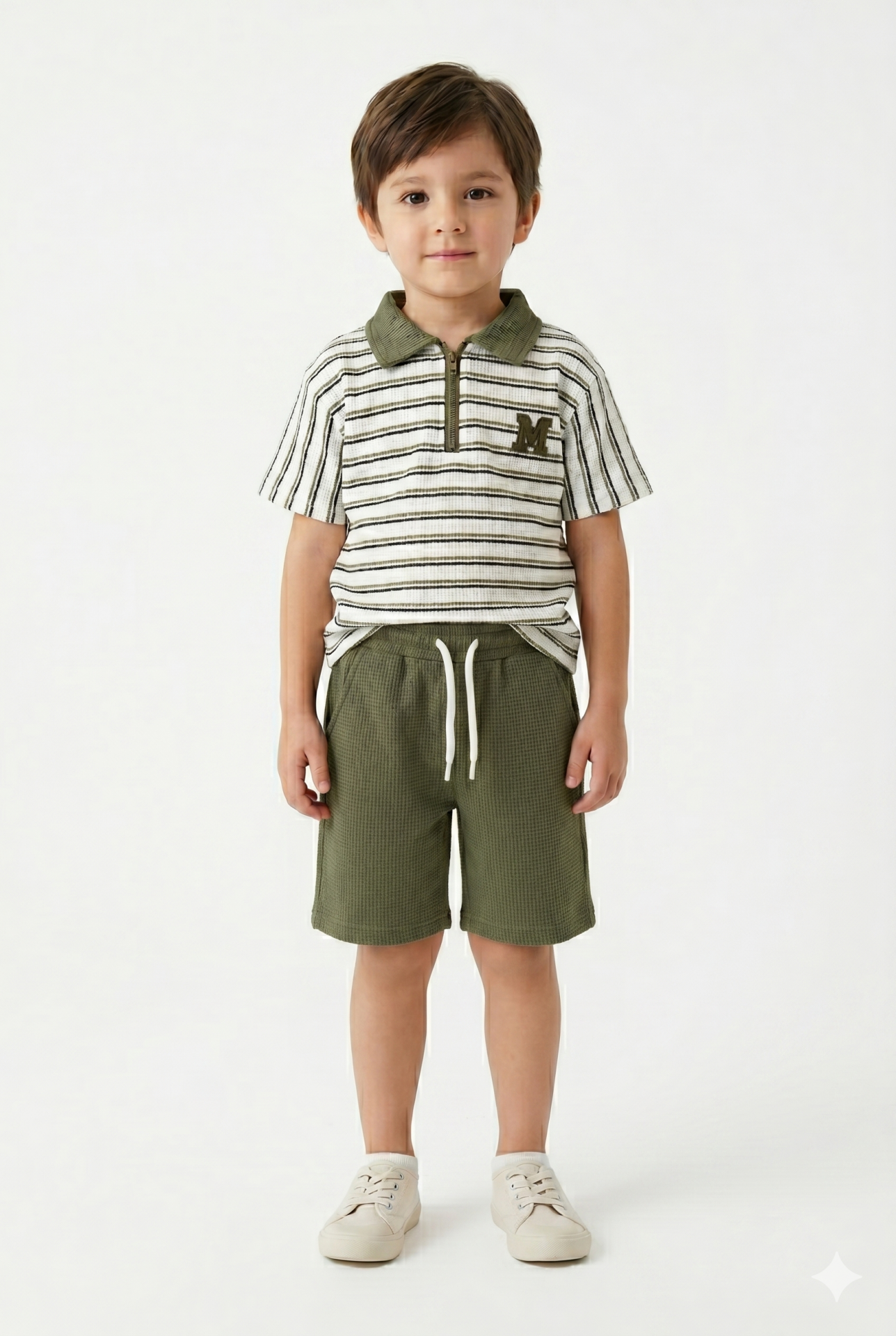 Erkek Çocuk Fermuar Detaylı Çizgili Polo Yaka Şortlu Takım HAKİ 3-4 Yaş
