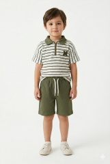 Erkek Çocuk Fermuar Detaylı Çizgili Polo Yaka Şortlu Takım HAKİ 3-4 Yaş