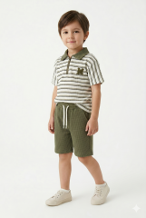 Erkek Çocuk Fermuar Detaylı Çizgili Polo Yaka Şortlu Takım HAKİ 3-4 Yaş