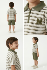 Erkek Çocuk Fermuar Detaylı Çizgili Polo Yaka Şortlu Takım HAKİ 3-4 Yaş