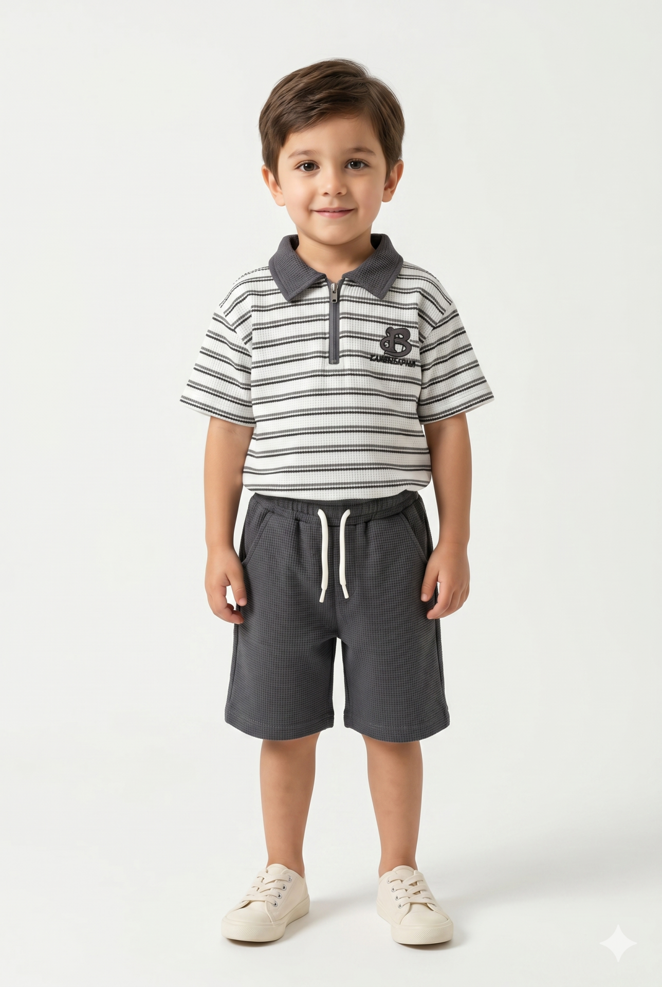 Erkek Çocuk Fermuar Detaylı Çizgili Polo Yaka Şortlu Takım ANTRASİT 3-4 Yaş
