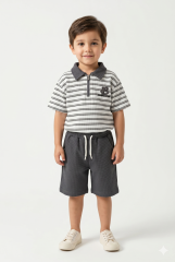 Erkek Çocuk Fermuar Detaylı Çizgili Polo Yaka Şortlu Takım ANTRASİT 3-4 Yaş