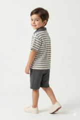 Erkek Çocuk Fermuar Detaylı Çizgili Polo Yaka Şortlu Takım ANTRASİT 3-4 Yaş