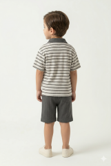 Erkek Çocuk Fermuar Detaylı Çizgili Polo Yaka Şortlu Takım ANTRASİT 3-4 Yaş