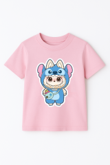 Labubu Baskılı Erkek Çocuk Tişörtü  Kısa Kollu T-Shirt Eğlenceli Karakterli Yazlık Üst Pamuklu Tişört Pembe