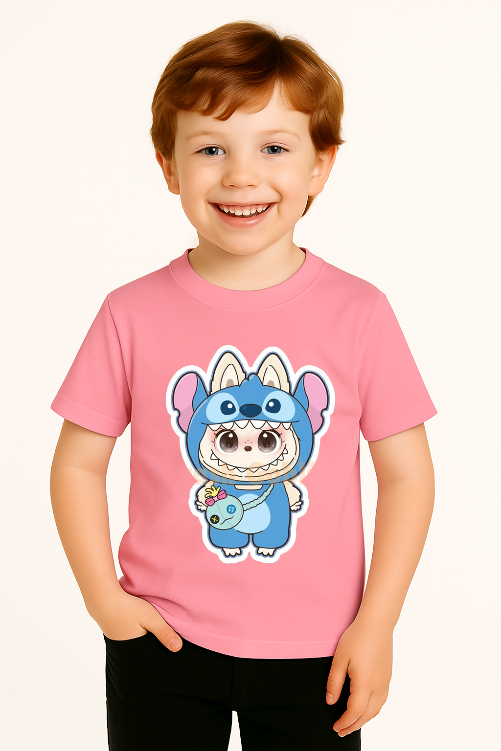 Labubu Baskılı Erkek Çocuk Tişörtü  Kısa Kollu T-Shirt Eğlenceli Karakterli Yazlık Üst Pamuklu Tişört Pembe