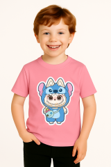 Labubu Baskılı Erkek Çocuk Tişörtü  Kısa Kollu T-Shirt Eğlenceli Karakterli Yazlık Üst Pamuklu Tişört Pembe