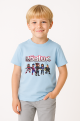 Roblox Baskılı Kısa Kollu Pamuklu Erkek Çocuk Tişörtü | Renkli Oyun Karakterli Yazlık Tshirt AÇIK MAVİ - 7-8 Yaş