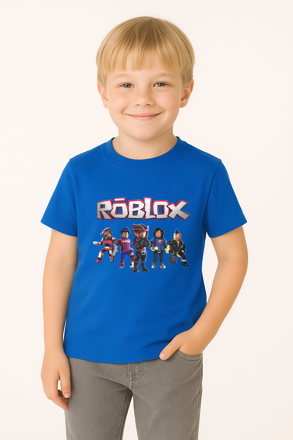 Roblox Baskılı Kısa Kollu Pamuklu Erkek Çocuk Tişörtü | Renkli Oyun Karakterli Yazlık Tshirt KOYU MAVİ - 5-6 Yaş