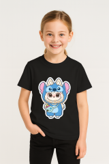 Labubu Baskılı Kız Çocuk  Pamuklu Tişört - Yazlık Rahat Günlük Çocuk T-Shirt Kısa Kollu 3-14 Yaş Siyah