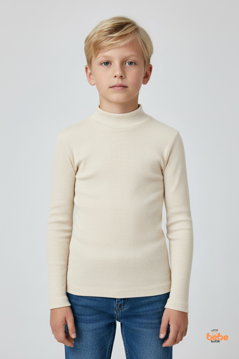 Erkek Çocuk Kaşkorse Fitilli Boğazlı Uzun Kollu Body Pamuklu Esnek İçlik & Günlük Basic Üst