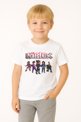 Roblox Baskılı Kısa Kollu Pamuklu Erkek Çocuk Tişörtü | Renkli Oyun Karakterli Yazlık Tshirt BEYAZ - 7-8 Yaş