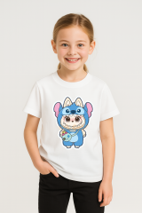 Labubu Baskılı Kız Çocuk  Pamuklu Tişört - Yazlık Rahat Günlük Çocuk T-Shirt Kısa Kollu 3-14 Yaş Beyaz