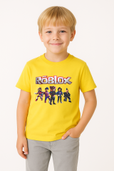 Roblox Baskılı Kısa Kollu Pamuklu Erkek Çocuk Tişörtü | Renkli Oyun Karakterli Yazlık Tshirt SARI - 5-6 Yaş