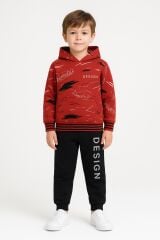 Erkek Çocuk Kapüşonlu Baskılı Eşofman Takımı 6-14 Yaş | Rahat Kalıp Yazılı Tasarım Sweatshirt Jogger  Kırmızı 10 YAŞ