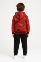 Erkek Çocuk Kapüşonlu Baskılı Eşofman Takımı 6-14 Yaş | Rahat Kalıp Yazılı Tasarım Sweatshirt Jogger  Kırmızı 10 YAŞ