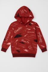 Erkek Çocuk Kapüşonlu Baskılı Eşofman Takımı 6-14 Yaş | Rahat Kalıp Yazılı Tasarım Sweatshirt Jogger  Kırmızı