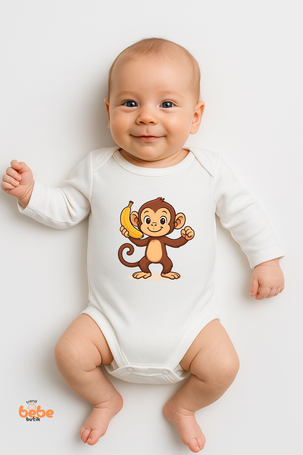 Sevimli Maymun Baskılı Bebek Zıbın Body %100 Pamuklu, Uzun Kollu, Rahat ve Şık Çıtçıtlı Body 6 AY