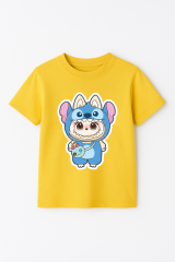 Labubu Baskılı Kız Çocuk  Pamuklu Tişört - Yazlık Rahat Günlük Çocuk T-Shirt Kısa Kollu 3-14 Yaş Sarı