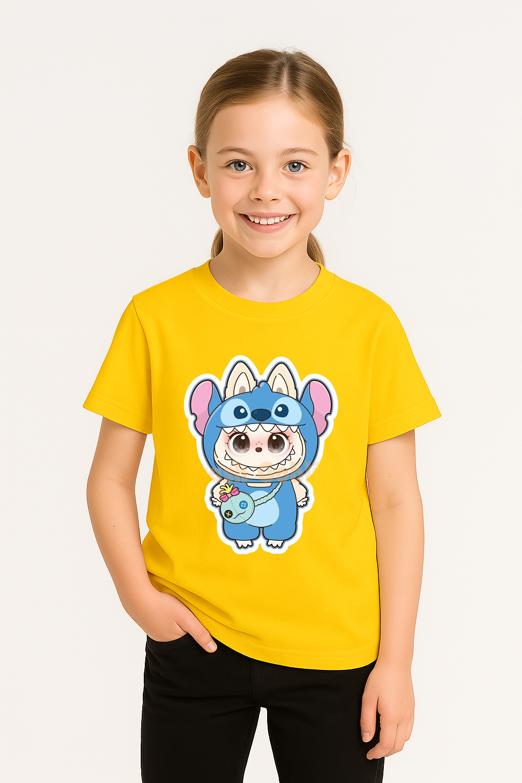 Labubu Baskılı Kız Çocuk  Pamuklu Tişört - Yazlık Rahat Günlük Çocuk T-Shirt Kısa Kollu 3-14 Yaş Sarı