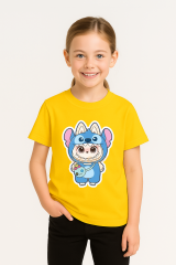 Labubu Baskılı Kız Çocuk  Pamuklu Tişört - Yazlık Rahat Günlük Çocuk T-Shirt Kısa Kollu 3-14 Yaş Sarı