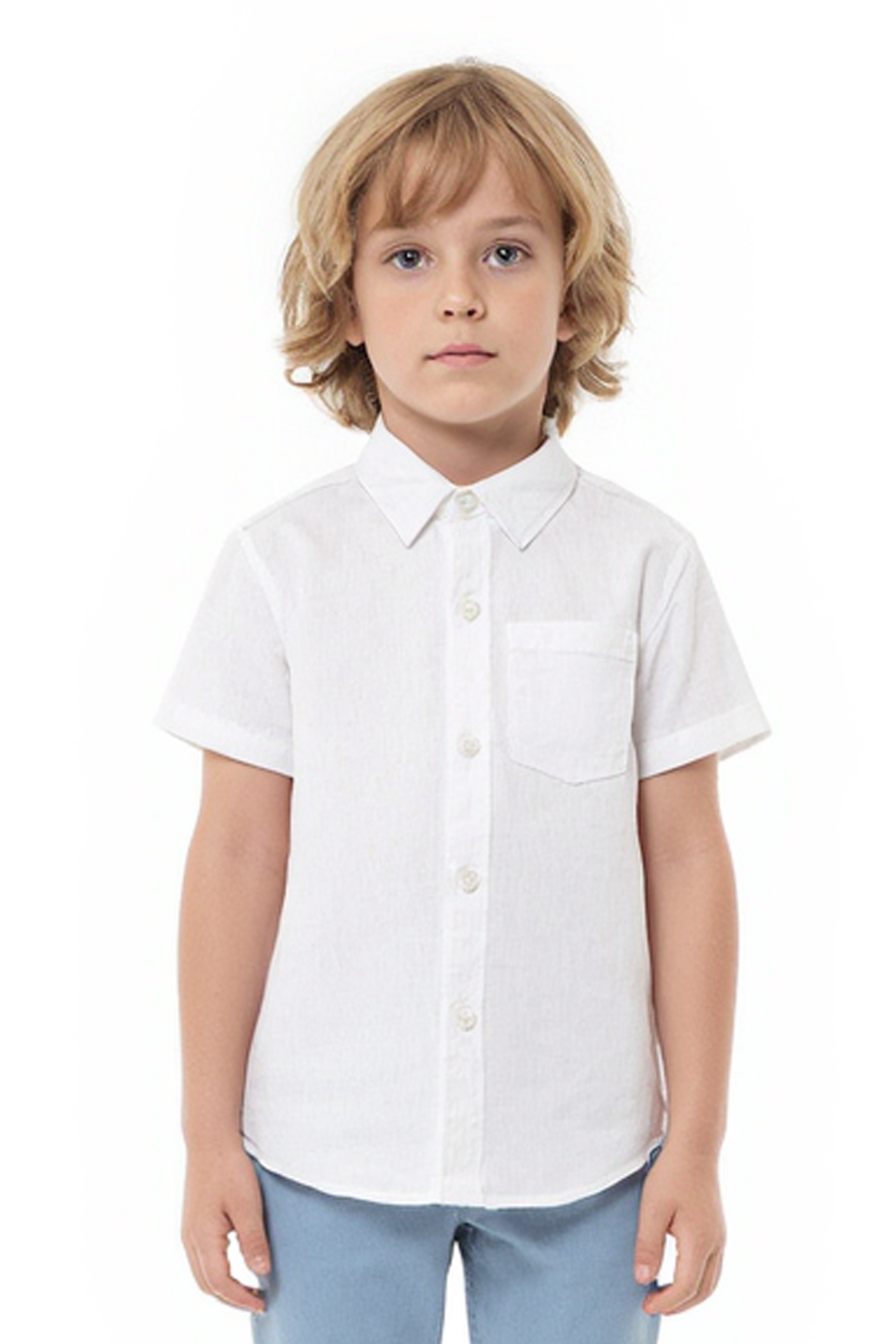 Erkek Çocuk Kısa Kollu Gömlek %100 Pamuk Yazlık Düğmeli Cep Detaylı Okul ve Günlük Kullanım BEYAZ - 5-6 Yaş