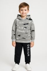 Erkek Çocuk Kapüşonlu Baskılı Eşofman Takımı 6-14 Yaş | Rahat Kalıp Yazılı Tasarım Sweatshirt Jogger Gri 6 YAŞ