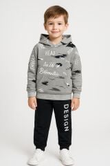 Erkek Çocuk Kapüşonlu Baskılı Eşofman Takımı 6-14 Yaş | Rahat Kalıp Yazılı Tasarım Sweatshirt Jogger Gri 12 YAŞ