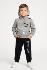 Erkek Çocuk Kapüşonlu Baskılı Eşofman Takımı 6-14 Yaş | Rahat Kalıp Yazılı Tasarım Sweatshirt Jogger Gri 6 YAŞ