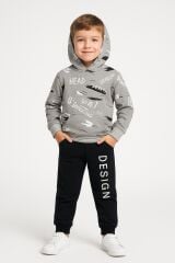 Erkek Çocuk Kapüşonlu Baskılı Eşofman Takımı 6-14 Yaş | Rahat Kalıp Yazılı Tasarım Sweatshirt Jogger Gri 12 YAŞ