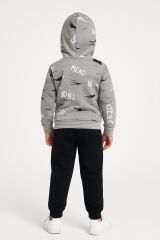 Erkek Çocuk Kapüşonlu Baskılı Eşofman Takımı 6-14 Yaş | Rahat Kalıp Yazılı Tasarım Sweatshirt Jogger Gri 12 YAŞ