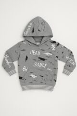 Erkek Çocuk Kapüşonlu Baskılı Eşofman Takımı 6-14 Yaş | Rahat Kalıp Yazılı Tasarım Sweatshirt Jogger Gri 12 YAŞ