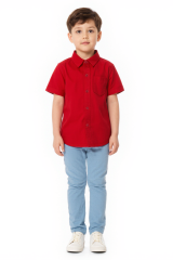 Erkek Çocuk Kısa Kollu Gömlek %100 Pamuk Yazlık Düğmeli Cep Detaylı Okul ve Günlük Kullanım KIRMIZI - 7-8 Yaş