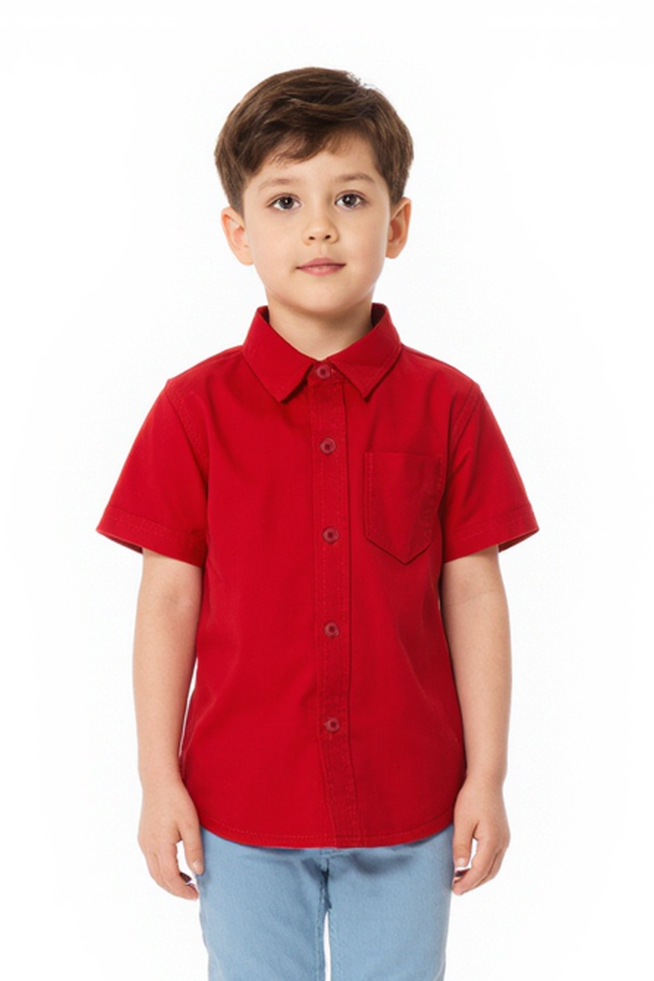 Erkek Çocuk Kısa Kollu Gömlek %100 Pamuk Yazlık Düğmeli Cep Detaylı Okul ve Günlük Kullanım KIRMIZI - 7-8 Yaş