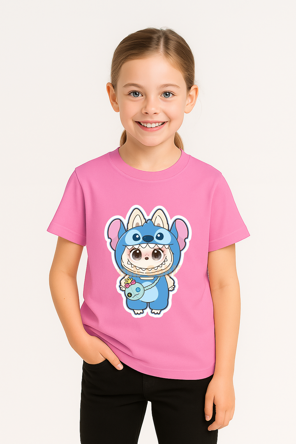 Labubu Baskılı Kız Çocuk  Pamuklu Tişört - Yazlık Rahat Günlük Çocuk T-Shirt Kısa Kollu 3-14 Yaş Pembe