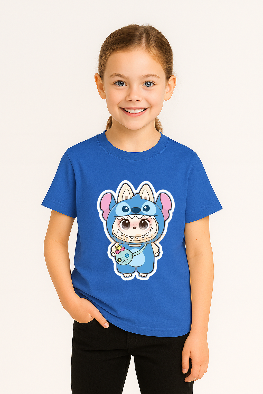 Labubu Baskılı Kız Çocuk  Pamuklu Tişört - Yazlık Rahat Günlük Çocuk T-Shirt Kısa Kollu 3-14 Yaş Mavi