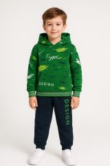 Erkek Çocuk Kapüşonlu Baskılı Eşofman Takımı 6-14 Yaş | Rahat Kalıp Yazılı Tasarım Sweatshirt Jogger Koyu Yeşil 13 YAŞ