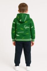 Erkek Çocuk Kapüşonlu Baskılı Eşofman Takımı 6-14 Yaş | Rahat Kalıp Yazılı Tasarım Sweatshirt Jogger Koyu Yeşil 13 YAŞ